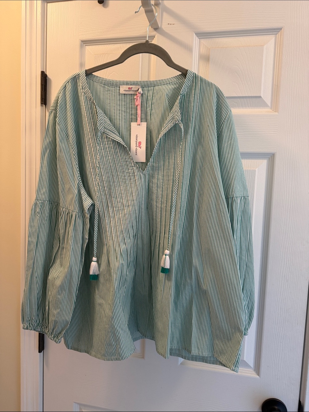 Vineyard Vines Green and White Striped Cotton Peasant Top
